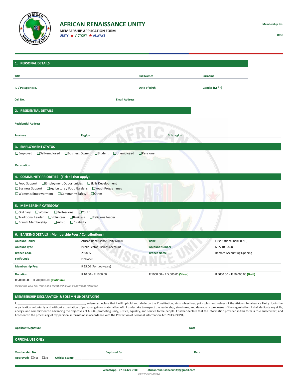 Preview of the official African Renaissance Unity membership application form